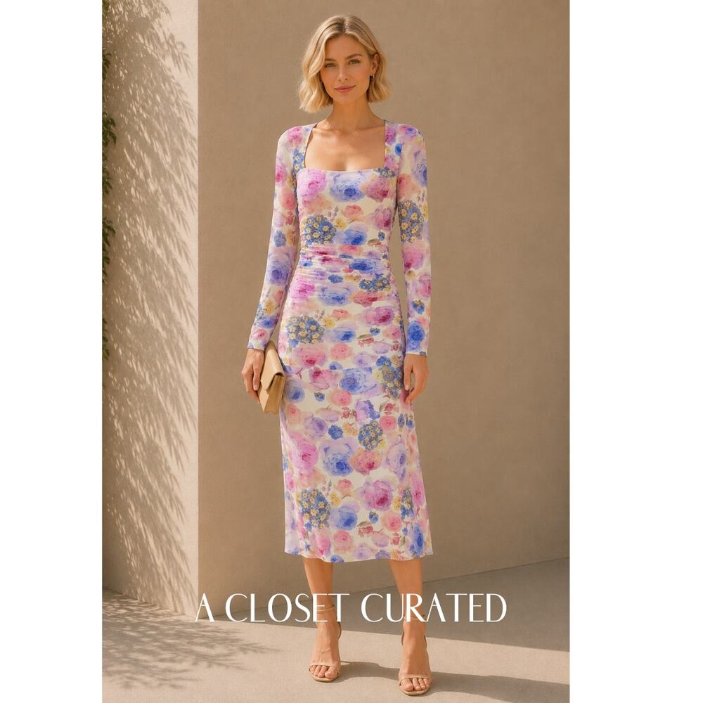 Ganni Floral Print Ruched Midi Dress 4 Purple NEW